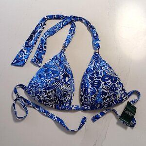 Swim Top LAUREN RALPH LAUREN Halter Tie Triangle Blue and White Sz 12 NEW